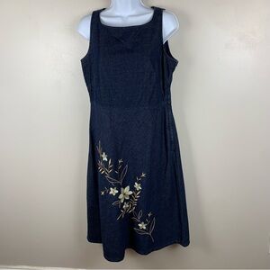 Liz Claiborne Vintage Denim Midi Dress Womens 10‎ Indigo Blue Embroidered Flower
